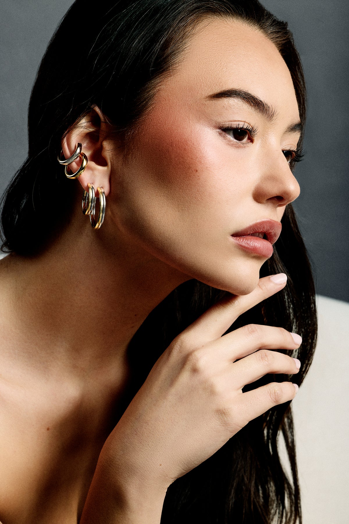 1" Two Tone Thread Mini Hoops earring - alternate angle | small gold hoop earrings