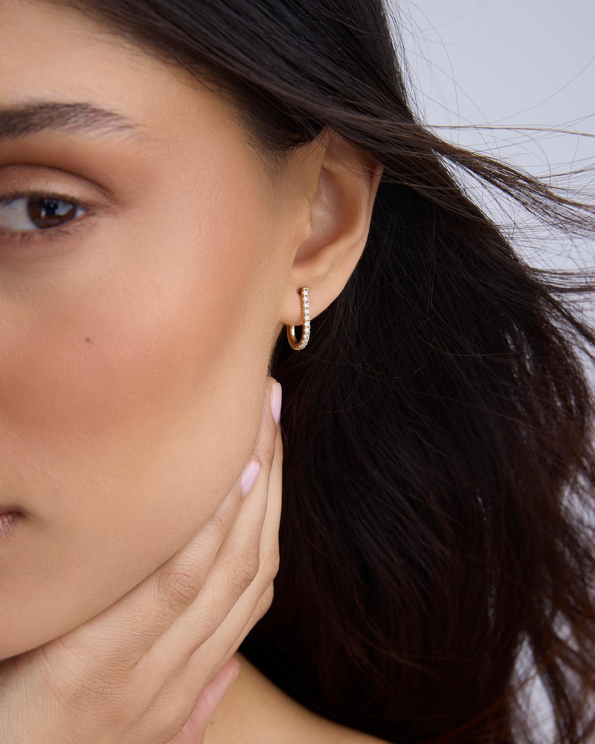 Medium Pavé Diamond Level Earring in 18K Yellow gold earring - close-up detail | diamond huggie earrings