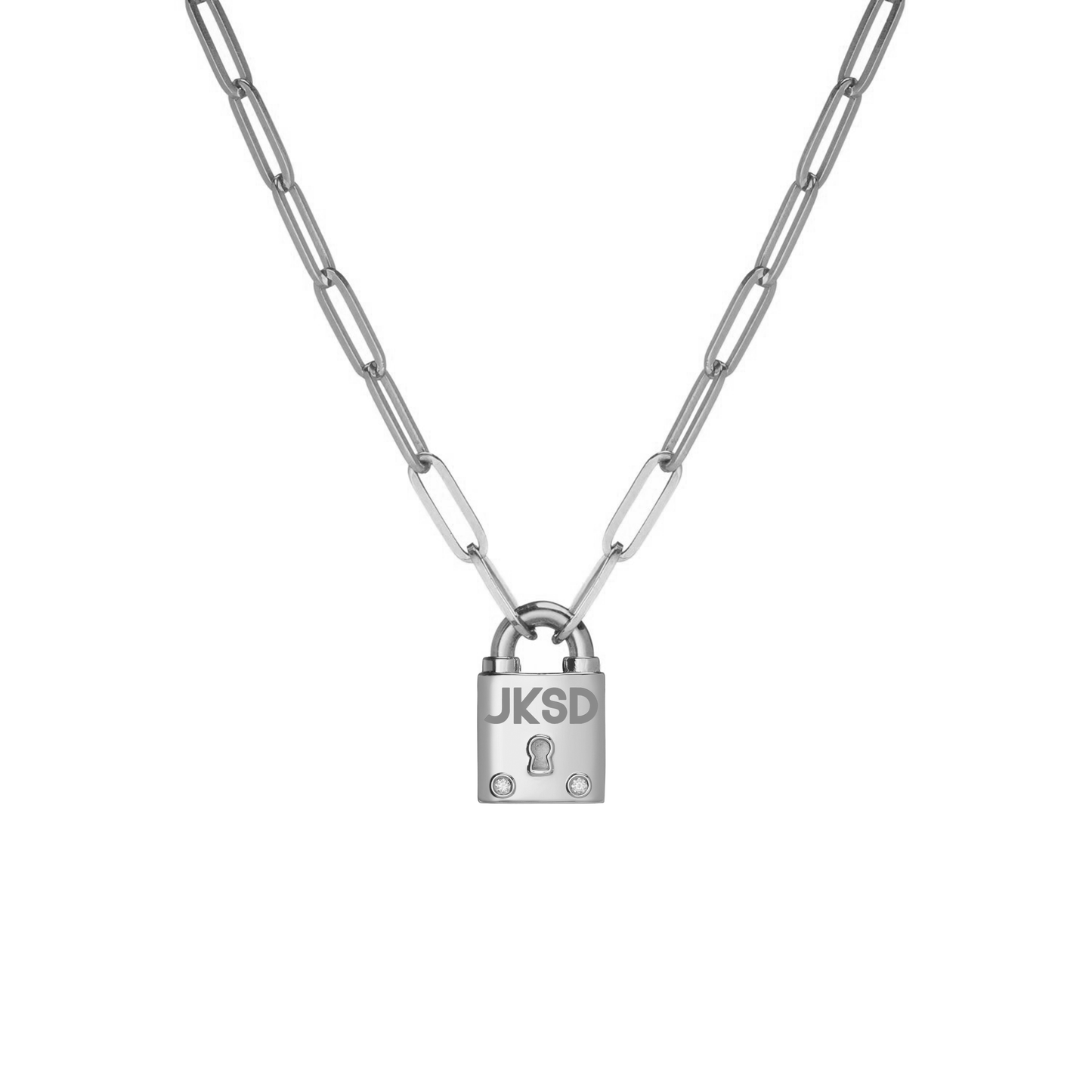 Large Family Minimal Block Lock Pendant with 2 White Diamonds