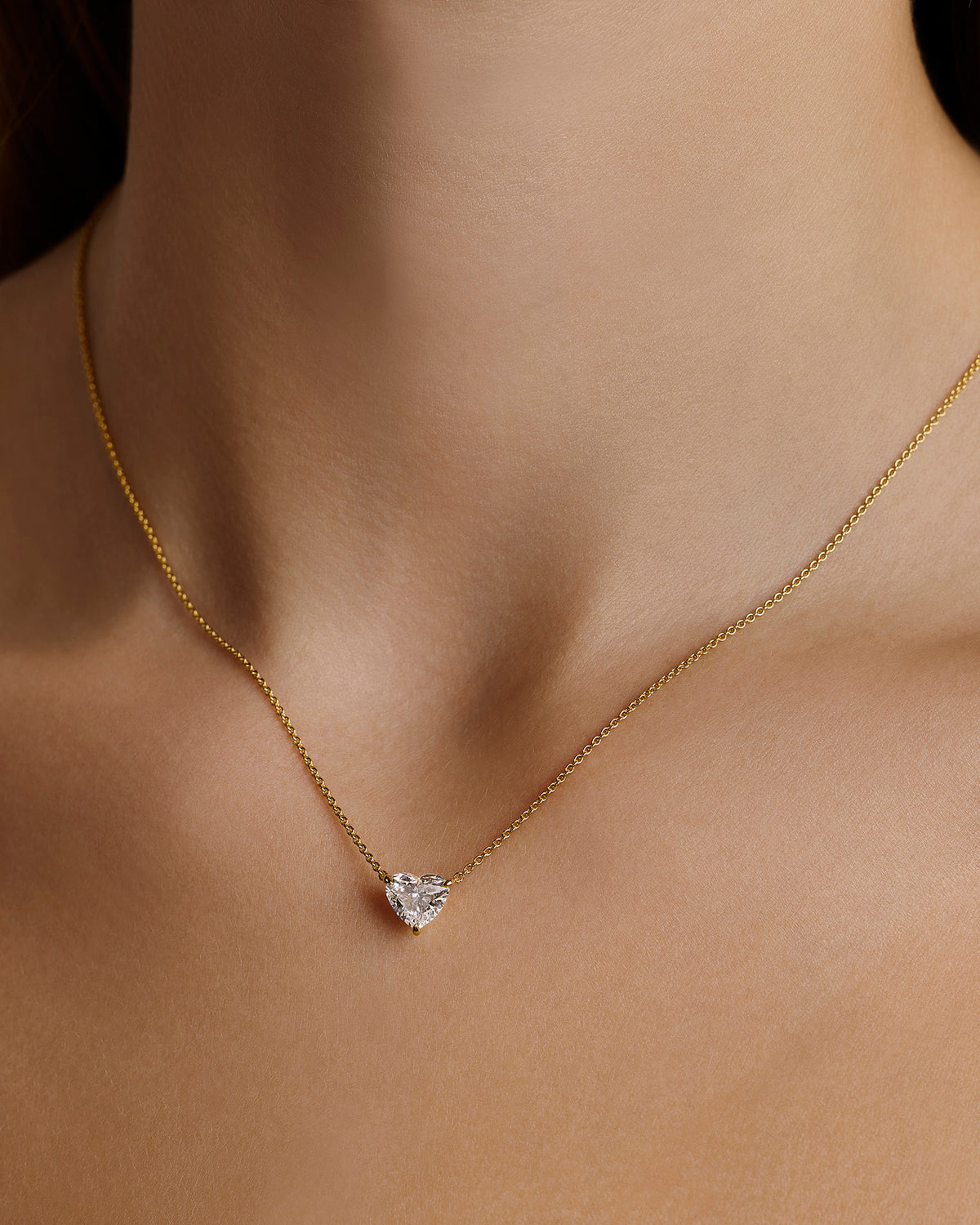 Floating Lab Diamond Heart Pendant Necklace gold necklace - front view | lab grown diamond necklace