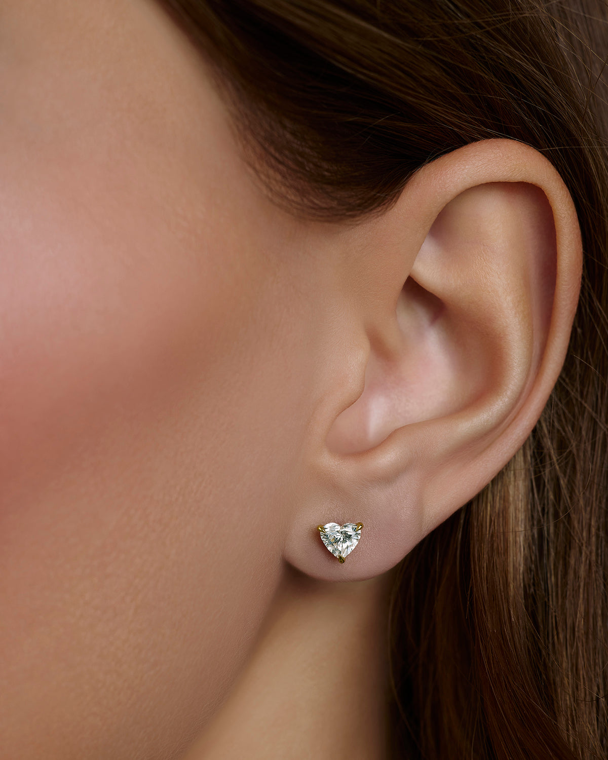 Floating Lab Diamond Heart Stud gold earring - close-up detail | lab grown diamond studs