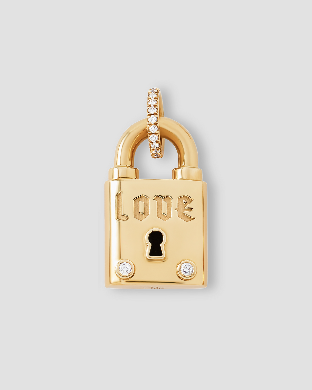 Personalized Large Lock with Two Diamonds gold charm - front view | charm necklaces
