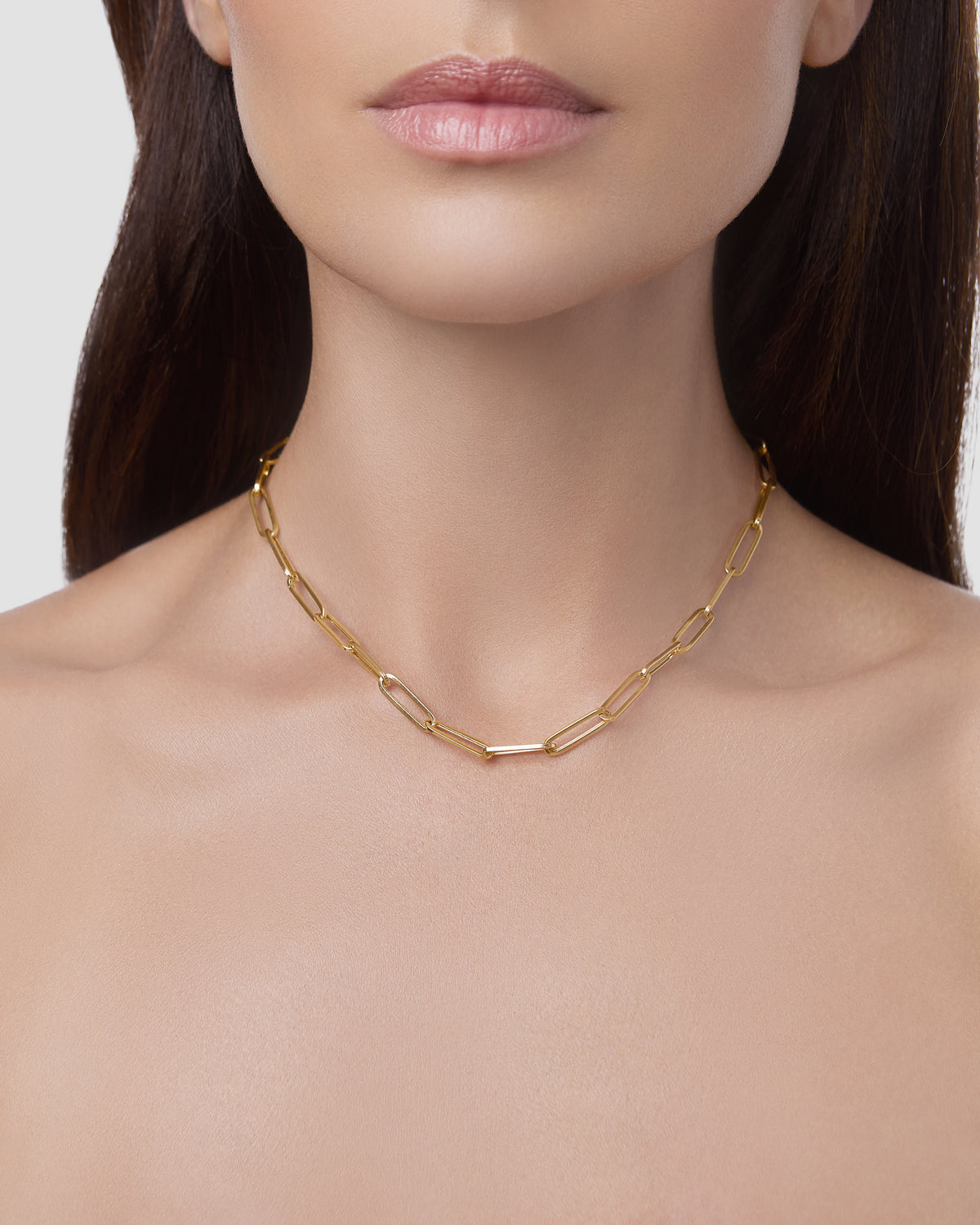 Large Long Link with Circle Push Clasp necklace - side view | 18k gold chain
