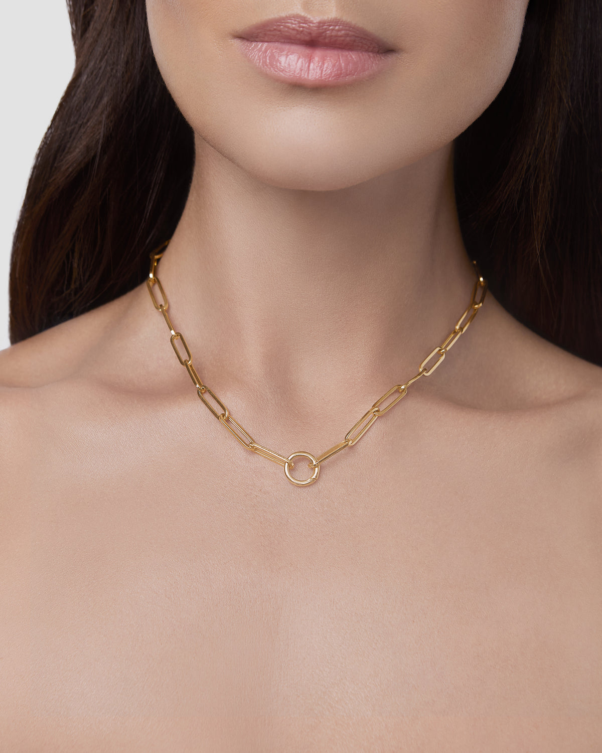 Large Long Link with Circle Push Clasp necklace - alternate angle | 18k gold chain