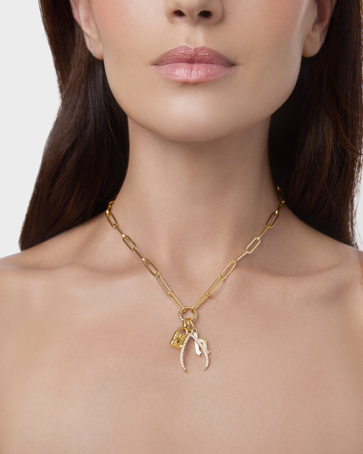Large Long Link with Circle Push Clasp necklace - styled on model | 18k gold chain