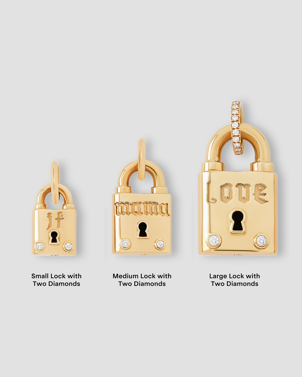 Personalized Medium Lock with Two Diamonds charm - alternate angle | gold charm necklace