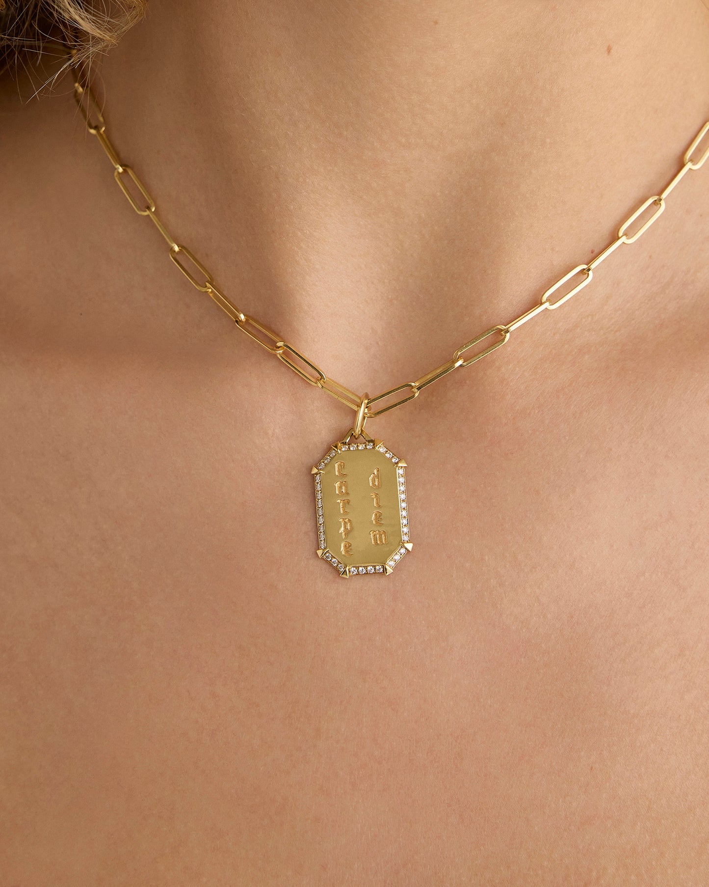 Personalized Emerald Shield with Pave White Diamonds in 18K Yellow Gold