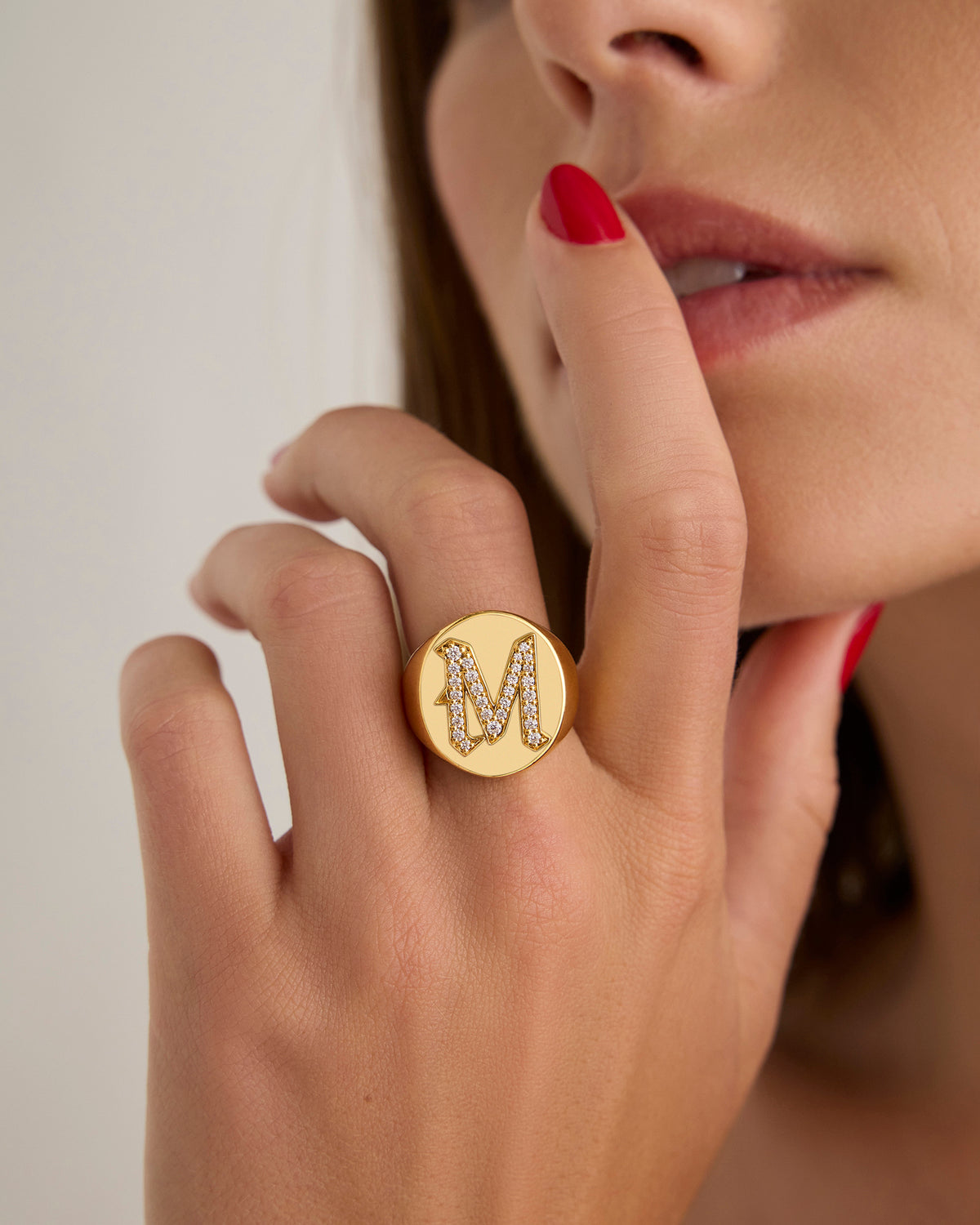Large Signet Letter Ring with Diamonds in 18K Yellow Gold A-N gold ring - front view | womens diamond rings