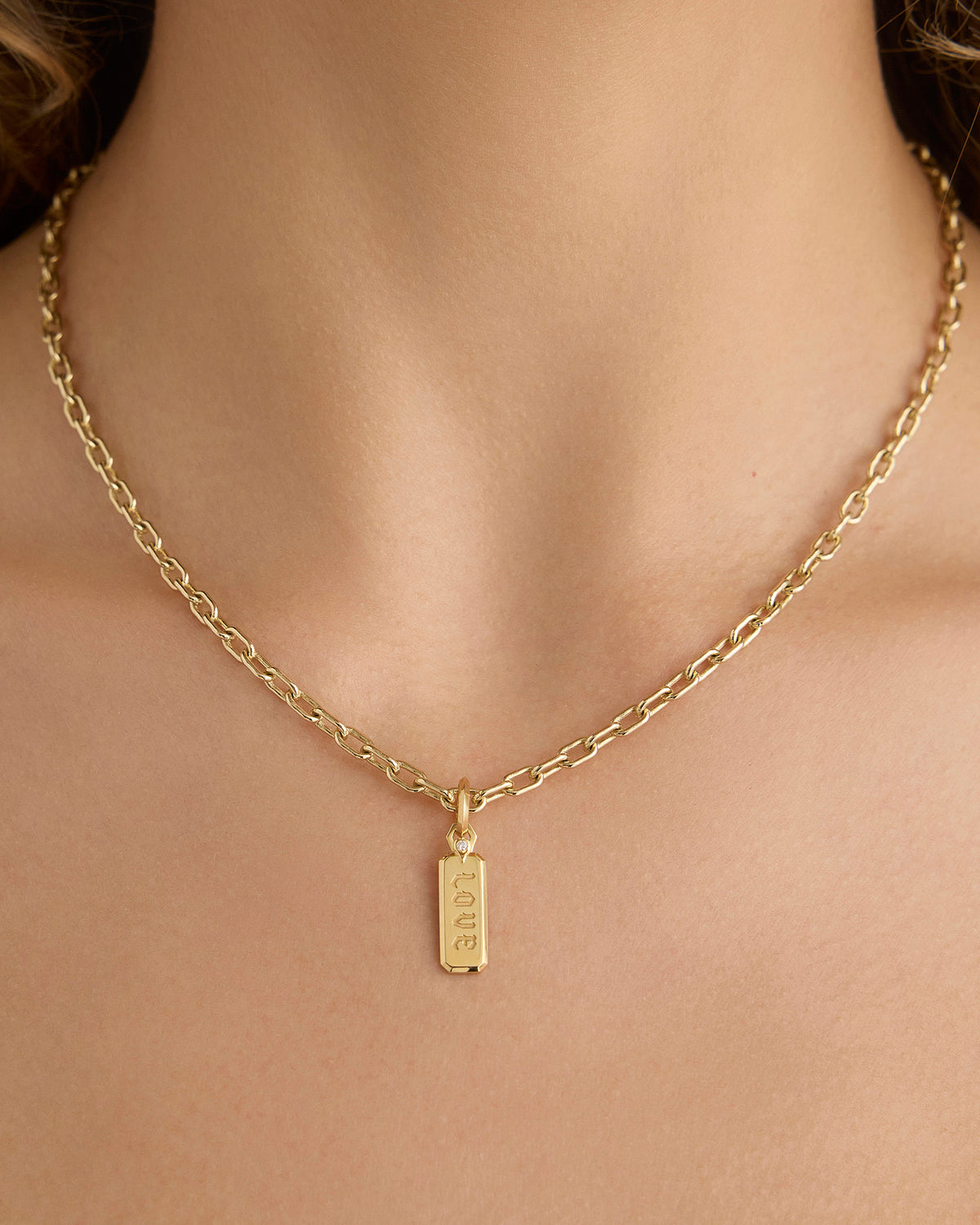 Small Dog Tag gold charm - close-up detail | custom charm necklace