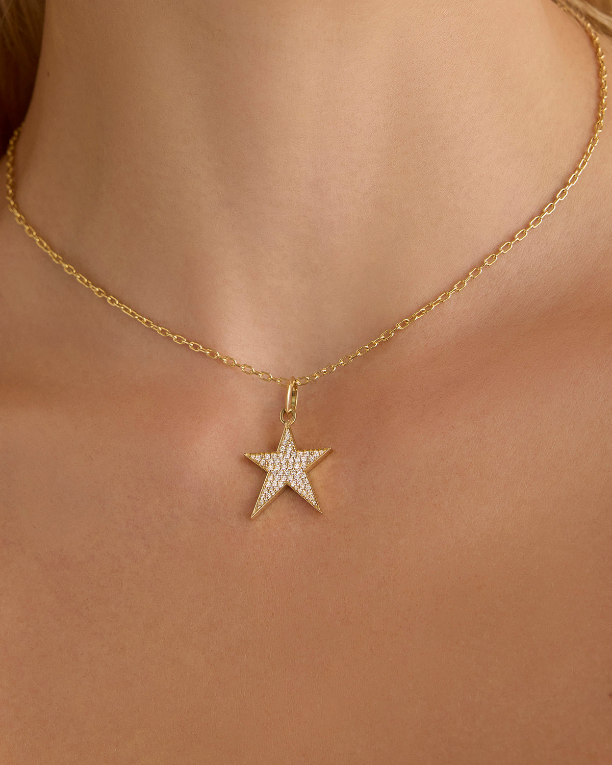 Star Charm with Pavé White Diamonds in 18K Yellow gold charm - close-up detail | necklace with charms