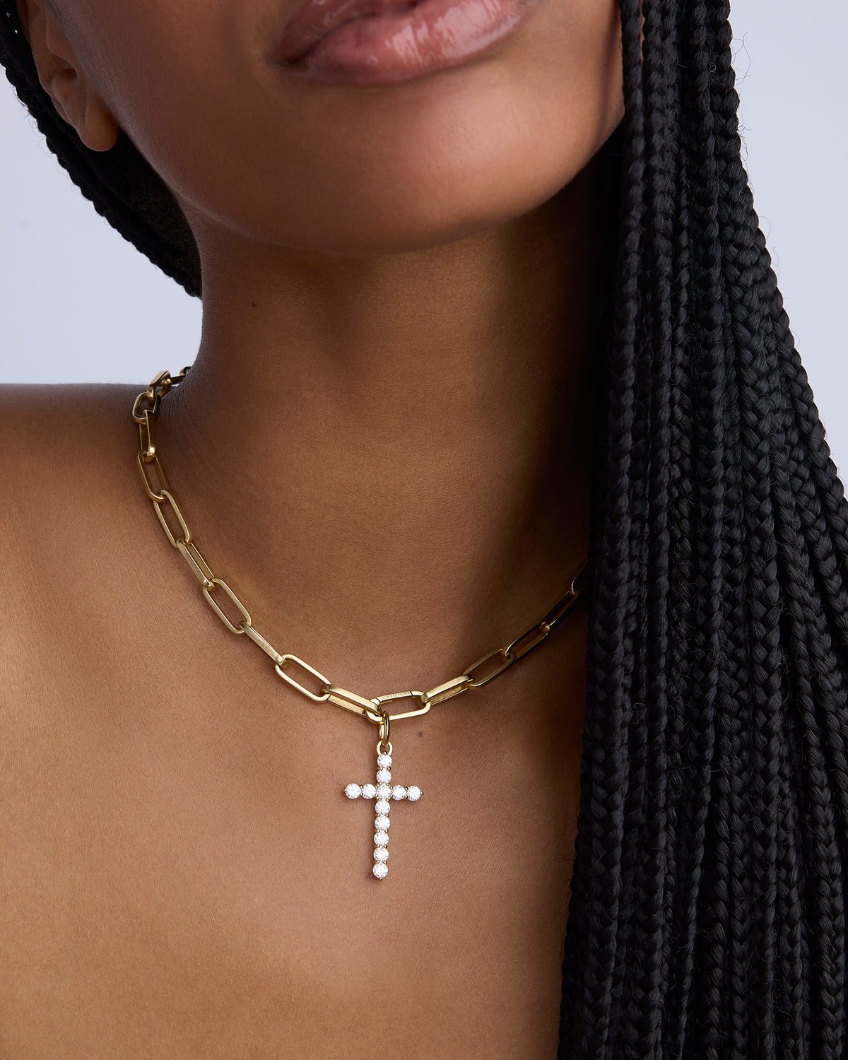 Large Floating Diamond Cross gold charm - styled on model | diamond cross pendant