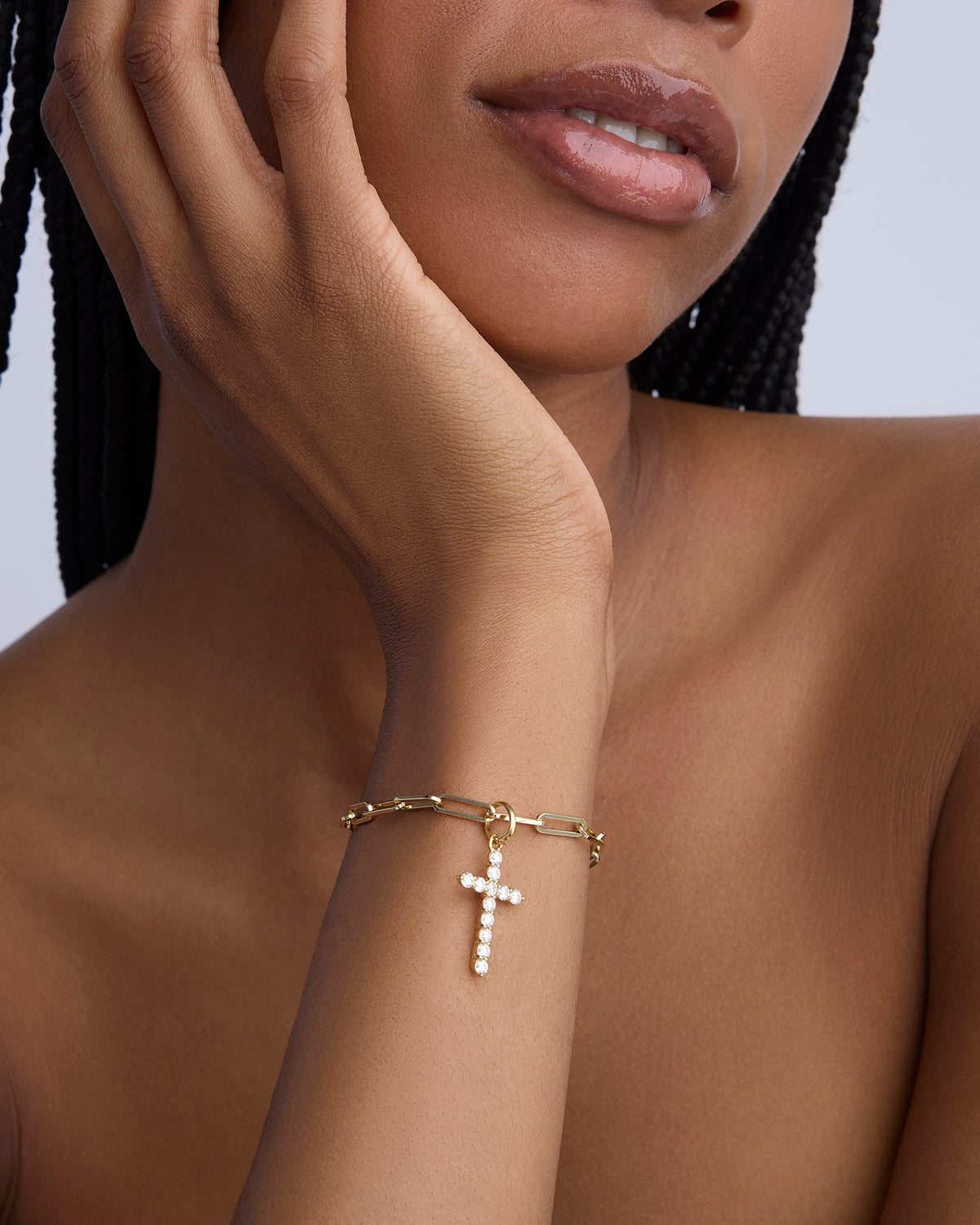 Medium Floating Diamond Cross gold charm - styled on model | womens diamond cross pendant