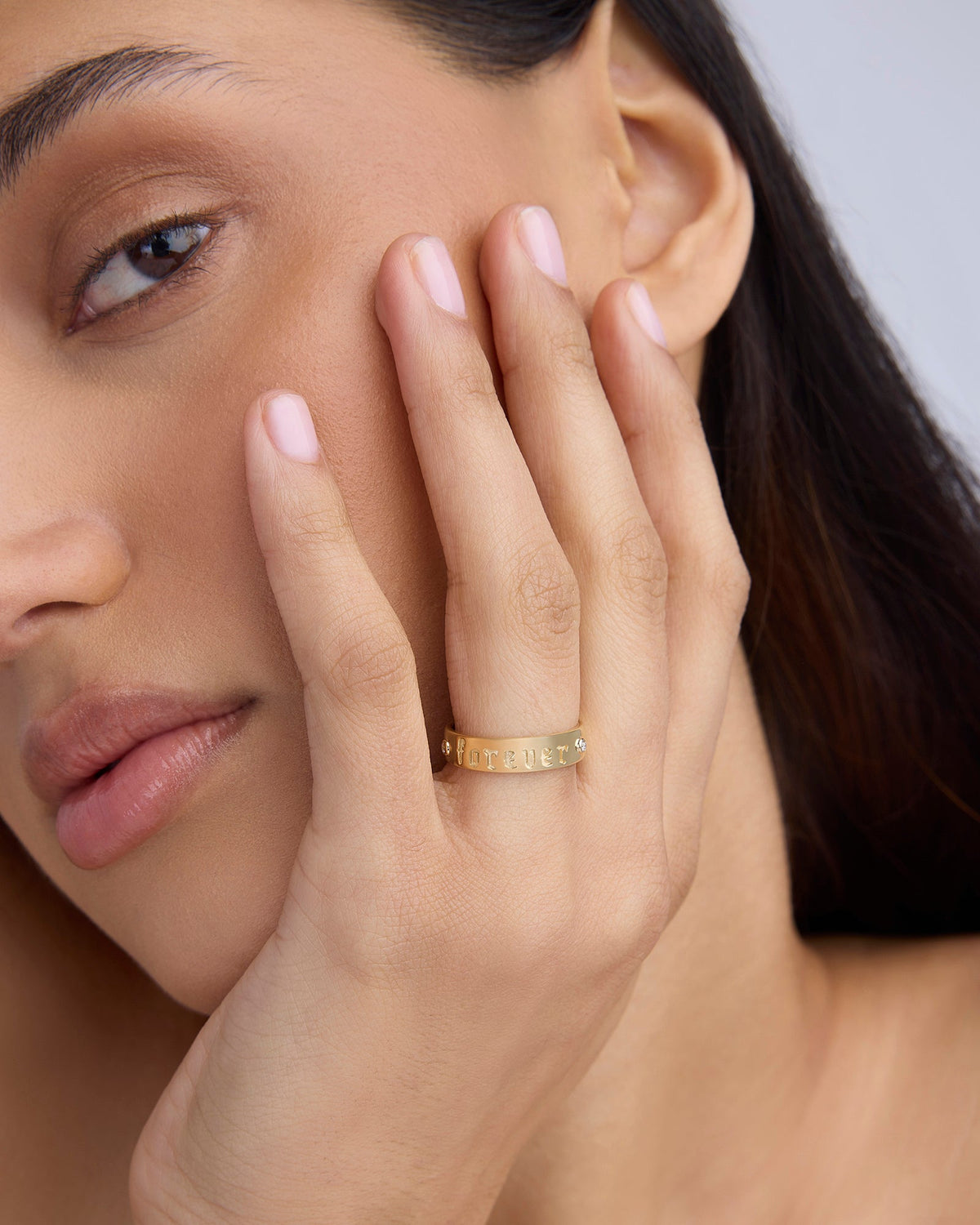 Personalized Skinny Family Gothic Ring with 2 White Diamonds in 18K Yellow Gold 18K gold ring - front view