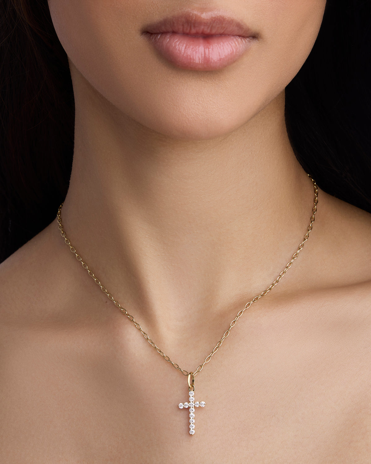 Small Floating Diamond Cross gold charm - alternate angle | diamond cross