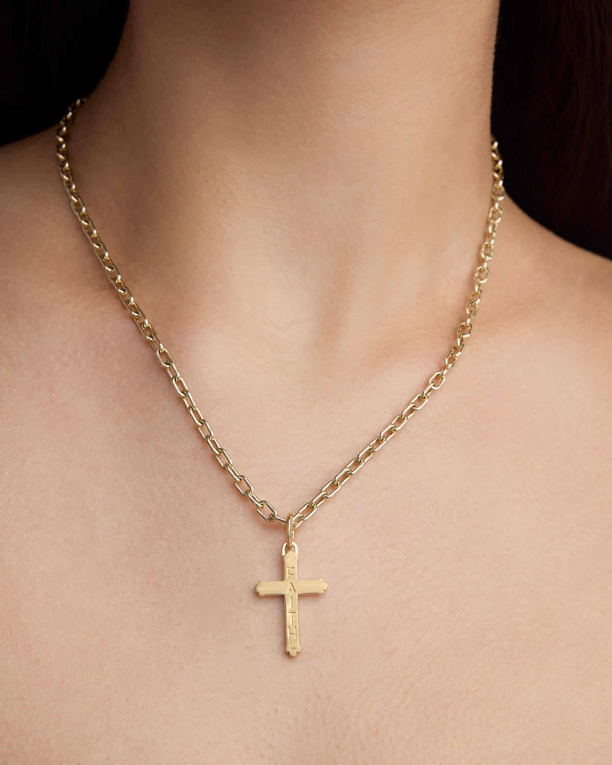 Faith Medium Royal Cross in 18K Yellow Gold gold charm - close-up detail | charm necklaces