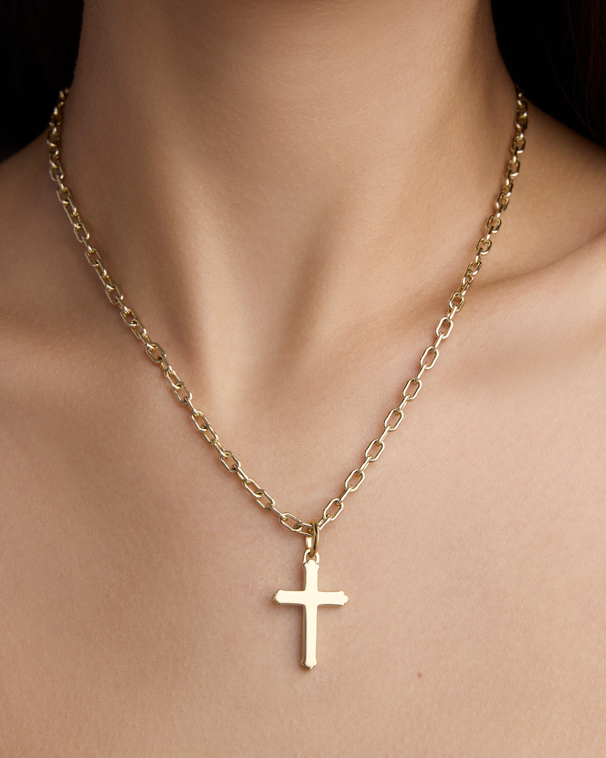 Faith Medium Royal Cross in 18K Yellow Gold gold charm - styled on model | charm necklaces