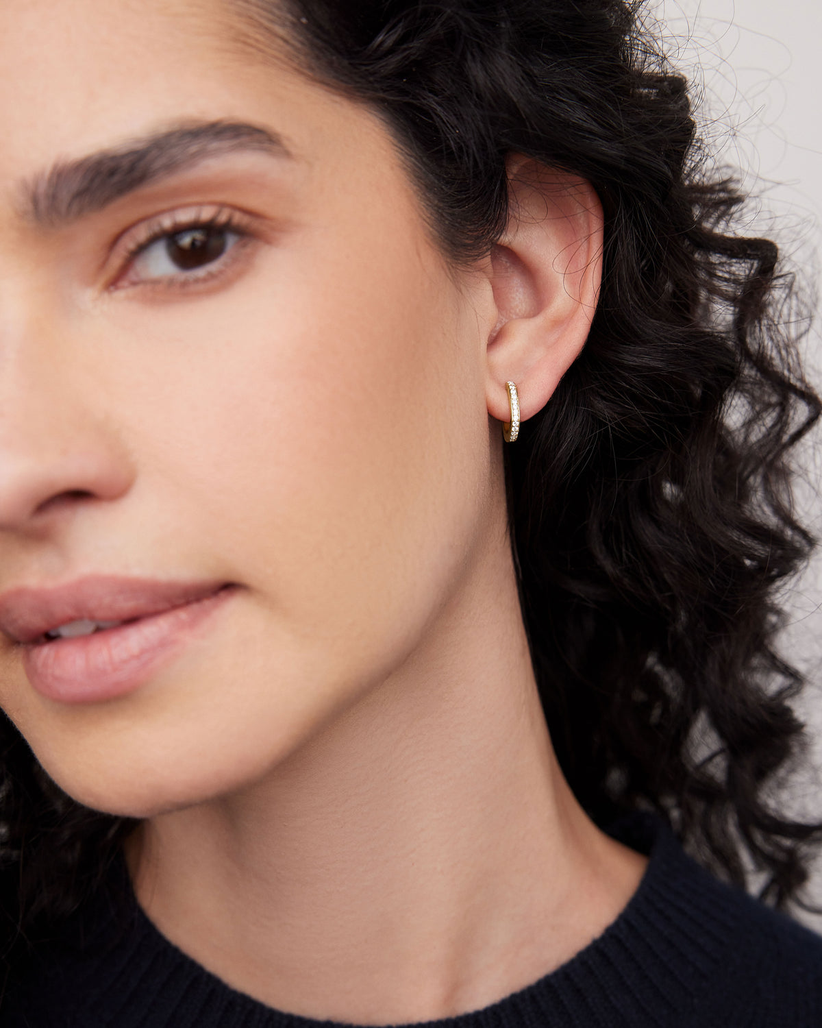18k Link Huggie with Pavé Diamonds 18K gold earring - alternate angle | diamond huggie earrings