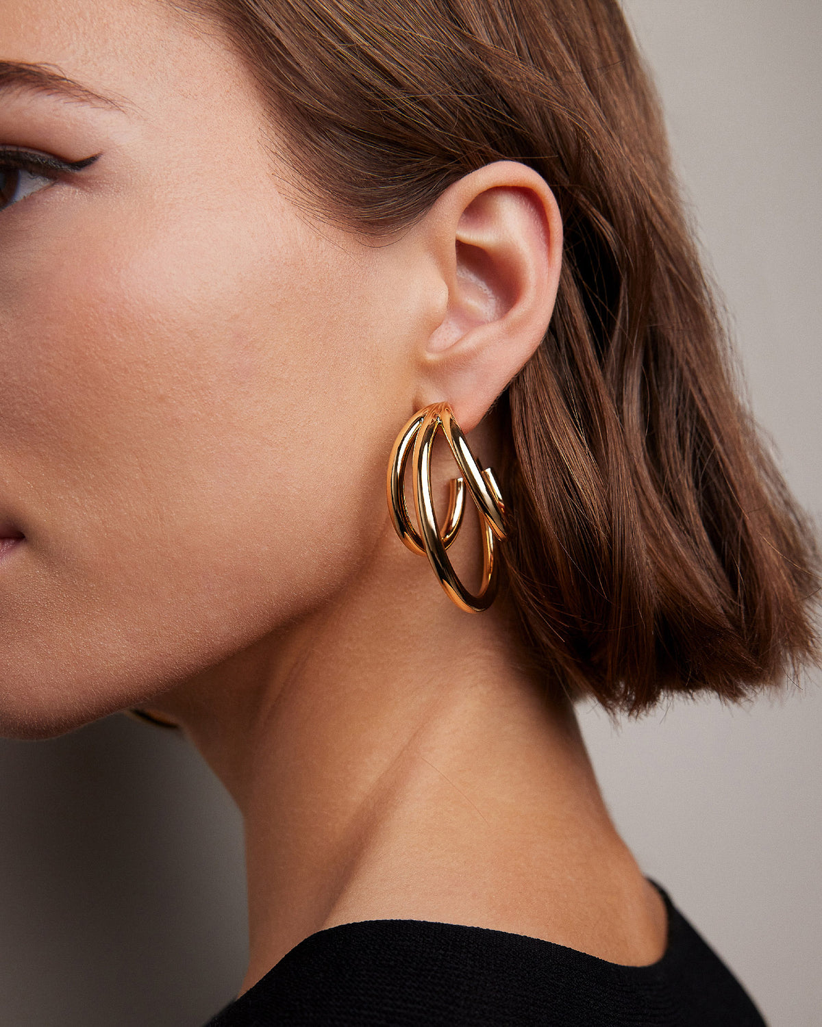 1.5" Triple Lilly Baby Hoops earring - close-up detail | gold hoop earrings for women