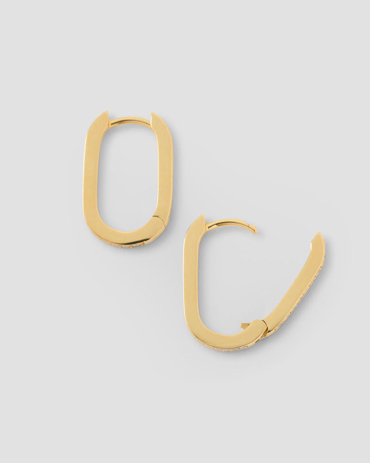18k Elongated Link Huggie with Pavé Diamonds 18K gold earring - close-up detail | diamond huggie earrings