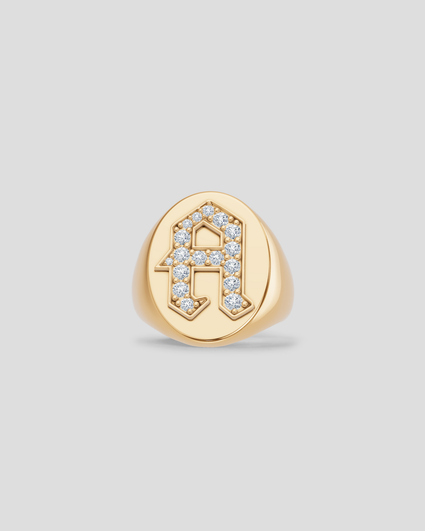 Large Signet Letter Ring with Diamonds in 18K Yellow Gold A-N