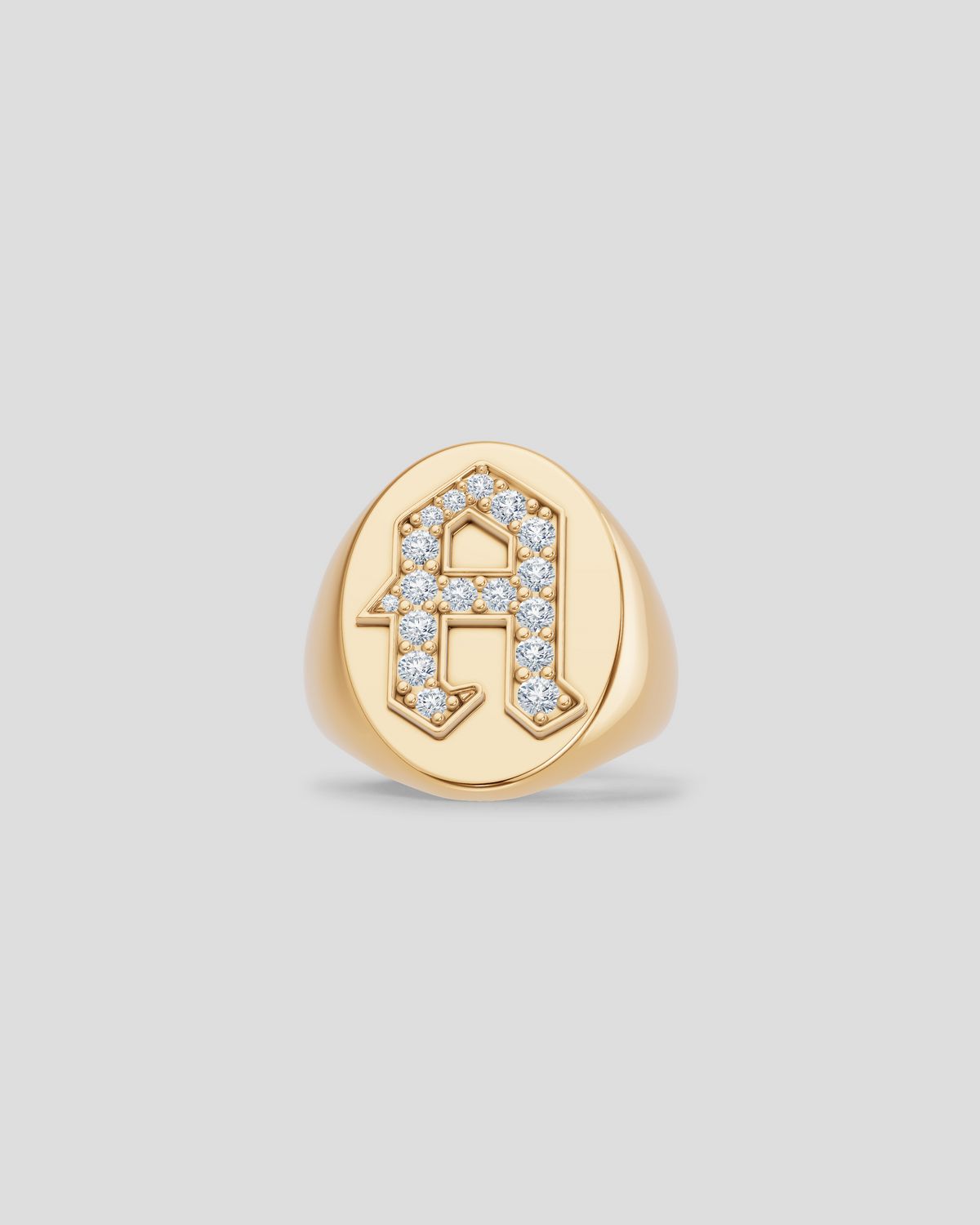 Large Signet Letter Ring with Diamonds in 18K Yellow Gold A-N gold ring - styled on model | womens diamond rings