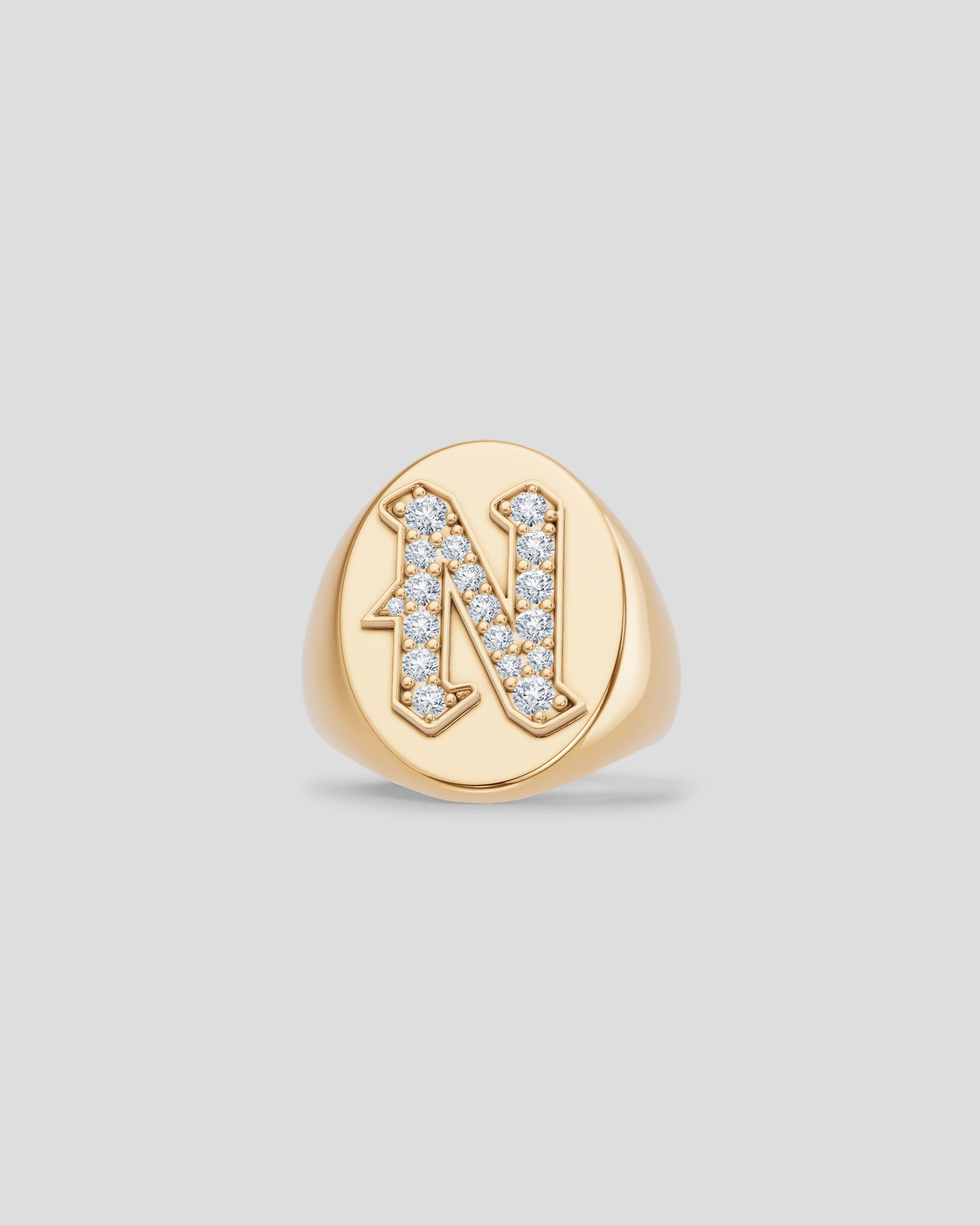 Large Signet Letter Ring with Diamonds in 18K Yellow Gold A-N