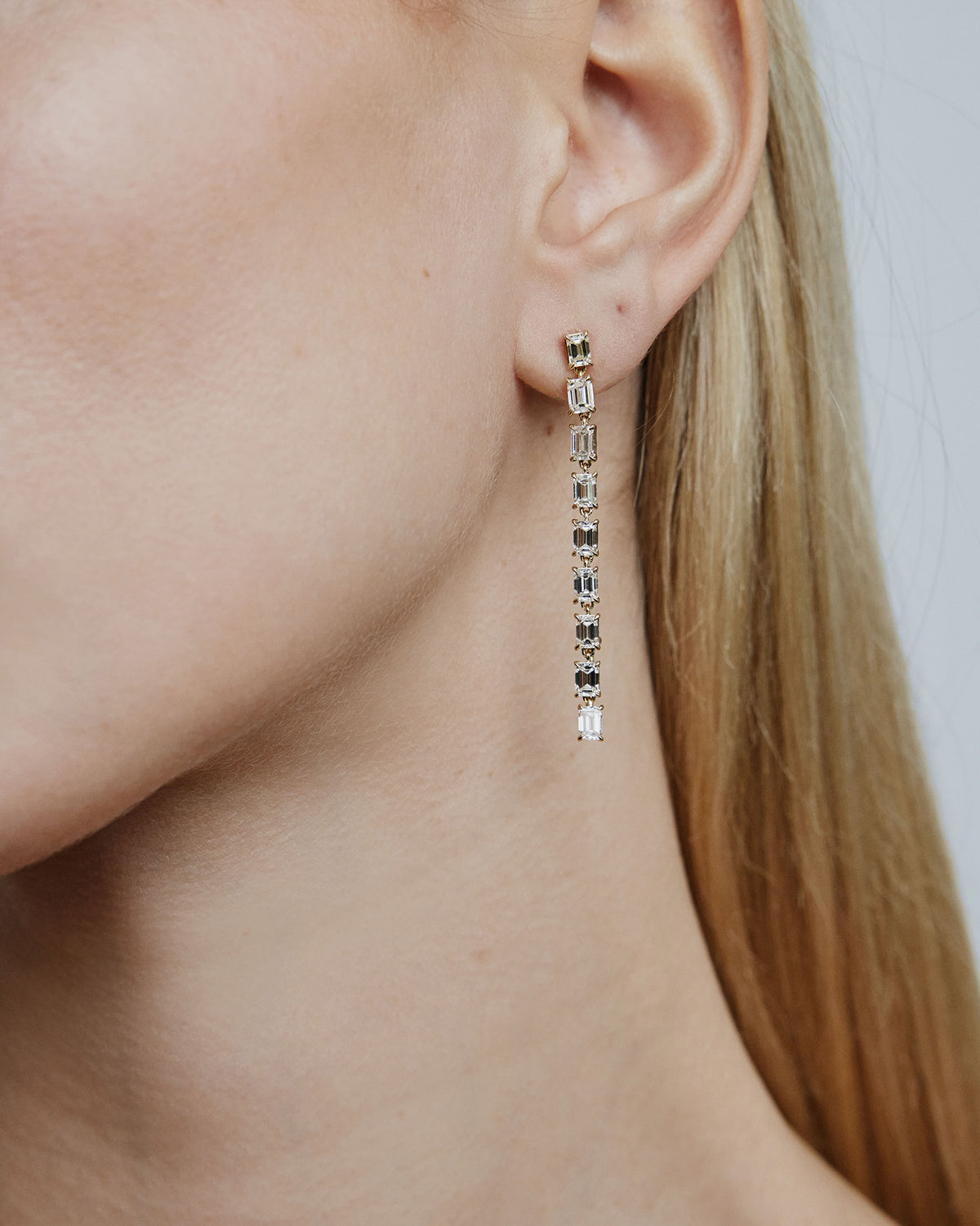 JF Lab - Emerald Cut Convertible Drop Earrings 18K gold earring - front view | lab grown diamond earrings