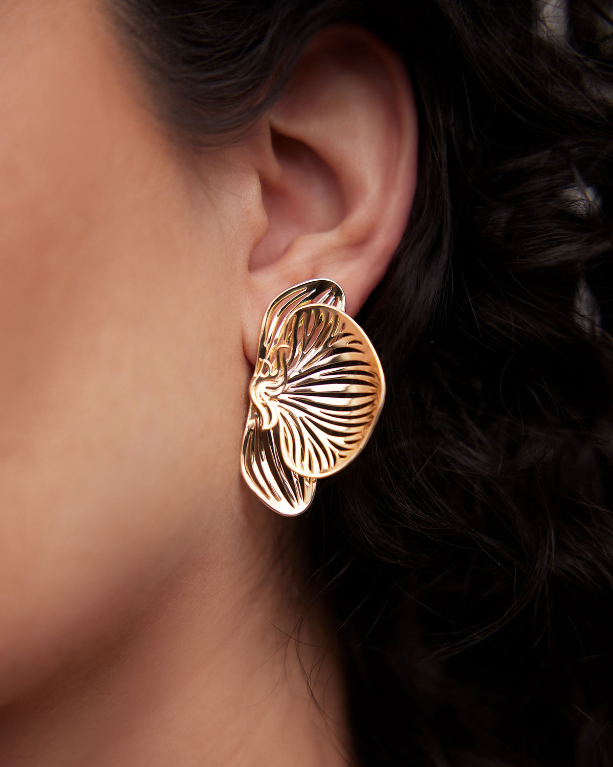 Small Orchid Earrings earring - close-up detail | womens gold earrings