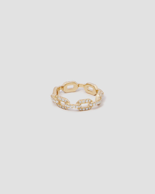Skinny Flat Chain Link Ring with Pavé White Diamonds in 18k Yellow Gold