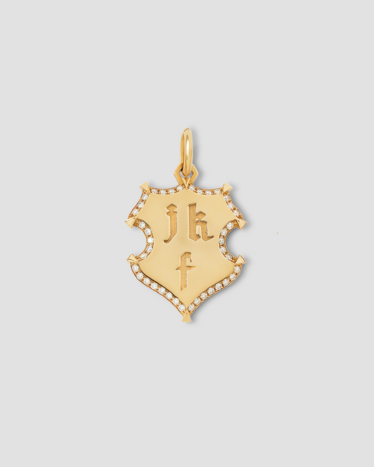 Personalized Wave Shield with Pave White Diamonds in 18K Yellow Gold