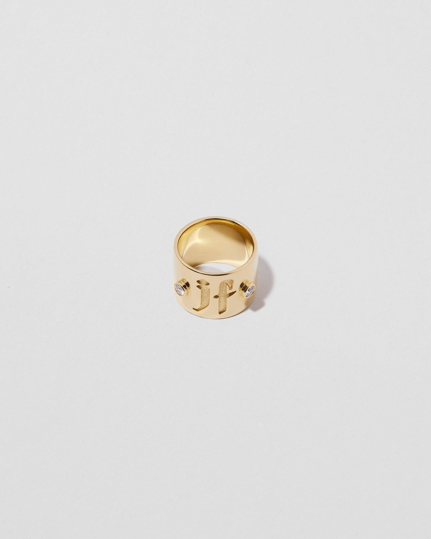 Jennifer Fisher - Wide Family Gothic Ring with 2 White Diamonds and 2 Letters - Yellow Gold