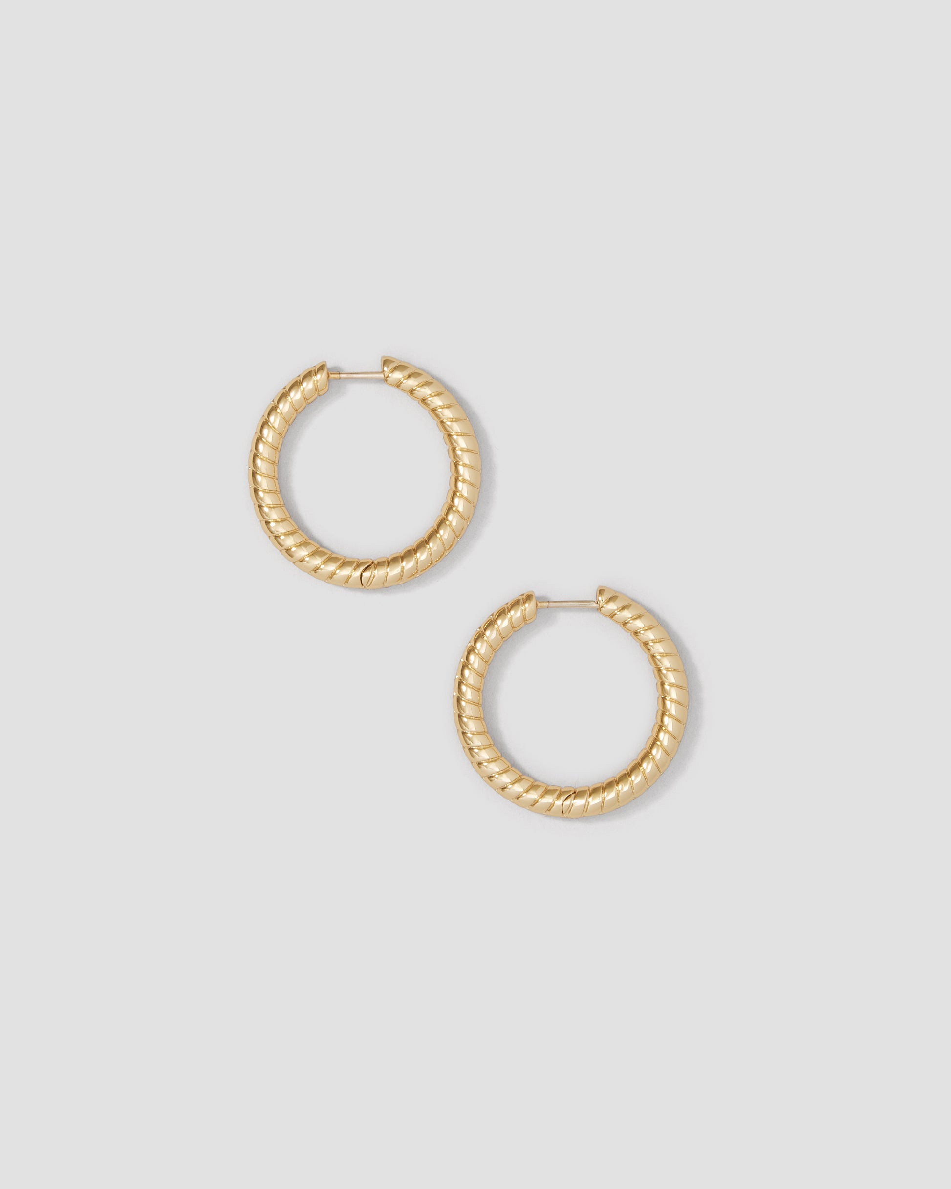 Gold hoop earrings on a light gray background