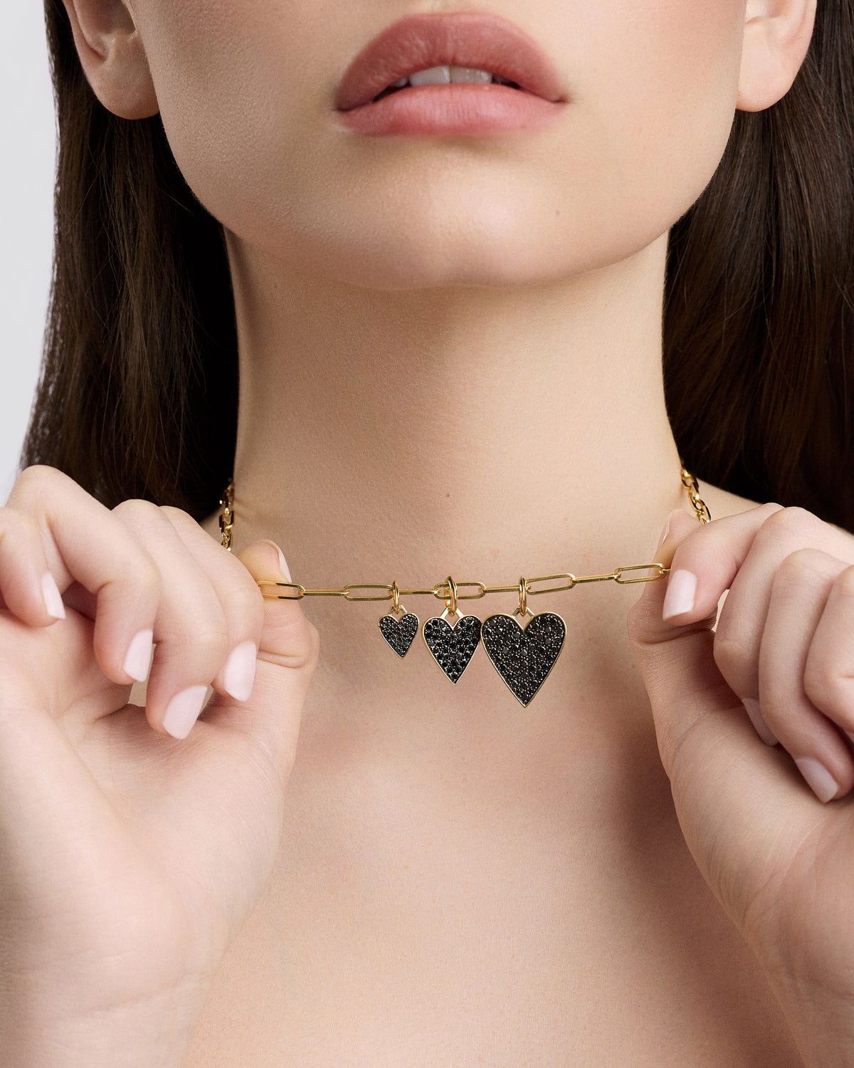 Medium Heart with Pavé Black Diamonds charm - close-up detail | gold charm necklace