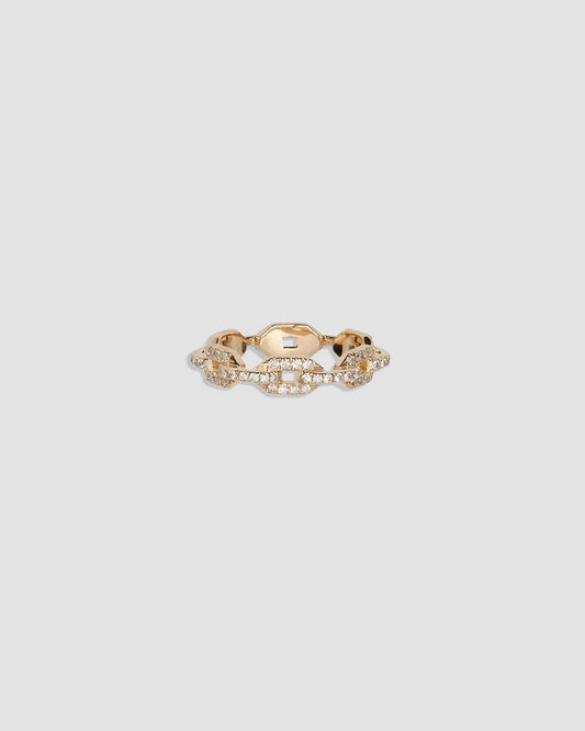 Skinny Flat Chain Link Ring with Pavé White Diamonds in 18k Yellow Gold